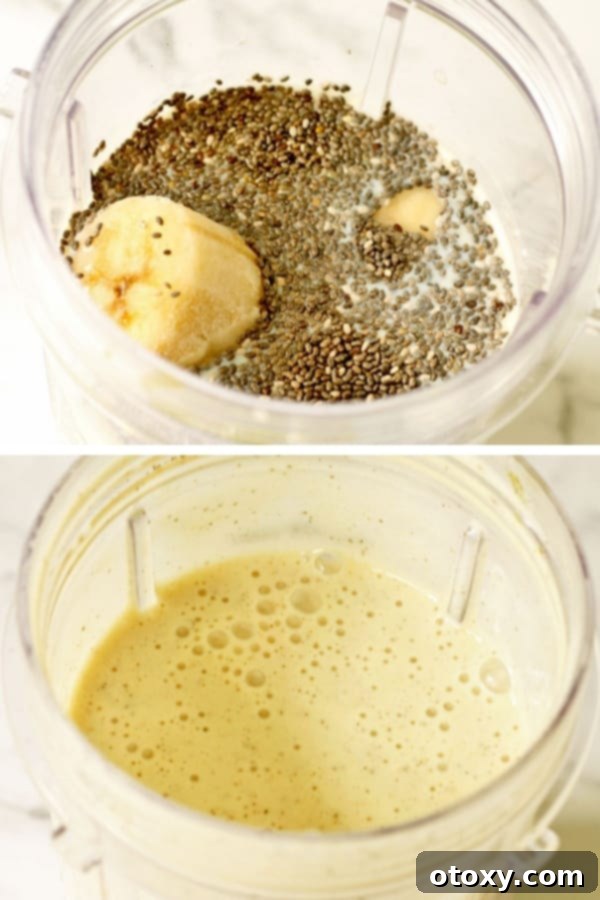 Creamy Chia Banana Blend 4 chia banana smoothie before and after blending