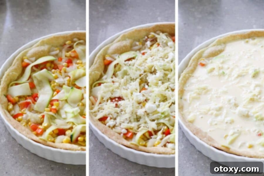 Fresh Garden Quiche 10 A step-by-step photo collage showing the assembly of a quiche: crust, vegetables, cheeses, and egg mixture.