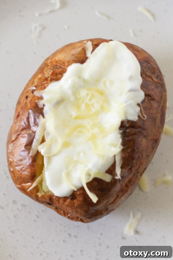 Air Fryer Potato Perfection 2 baked potato topped with sour cream and cheese.