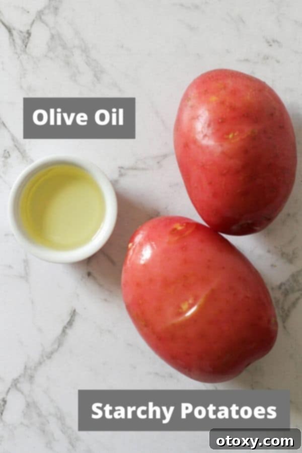 Air Fryer Potato Perfection 3 ingredients for baked potatoes on a white marble background.