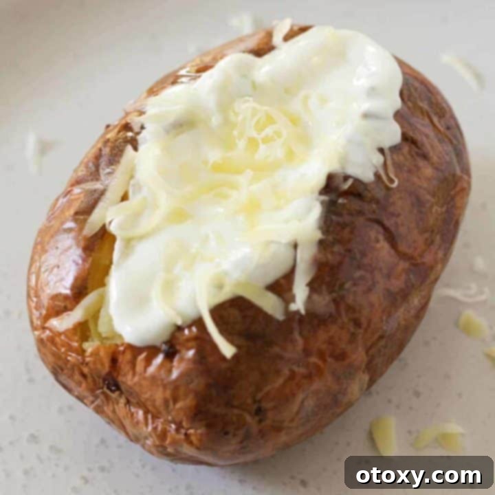 Air Fryer Potato Perfection 7 baked potato topped with sour cream and cheese.