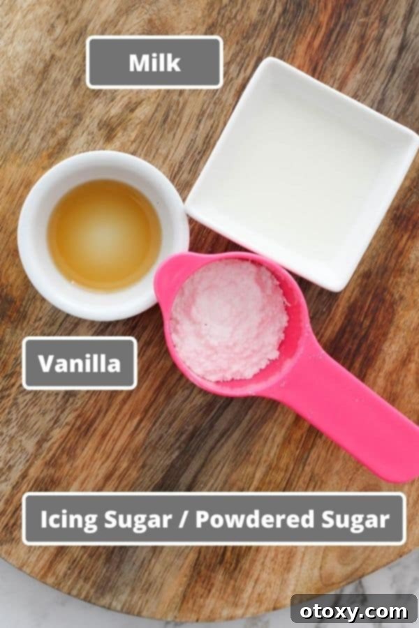 icing ingredients on a wooden board.