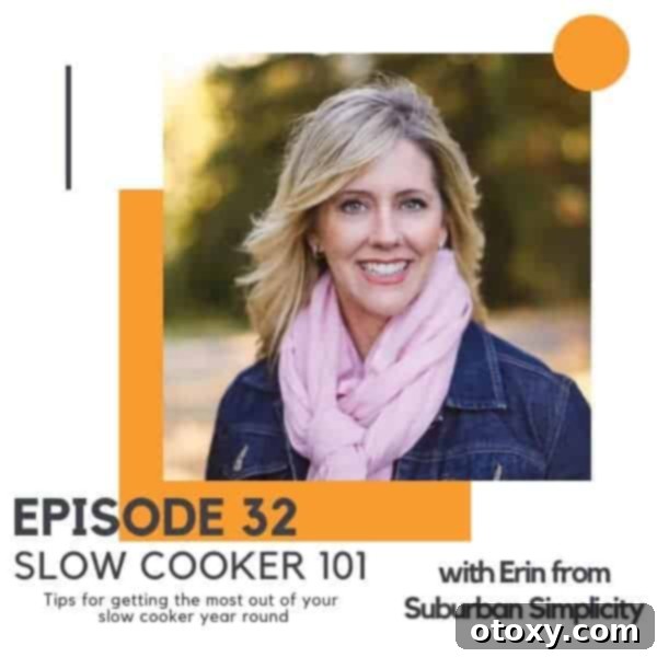 Podcast episode banner featuring a blonde woman with text overlay 'Episode 32 - Slow Cooker 101'. The woman is smiling, and the text is clear and inviting.
