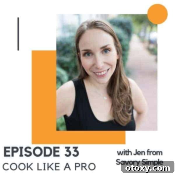 headshot of a brunette woman with text overlay "episode 33 - cook like a pro".
