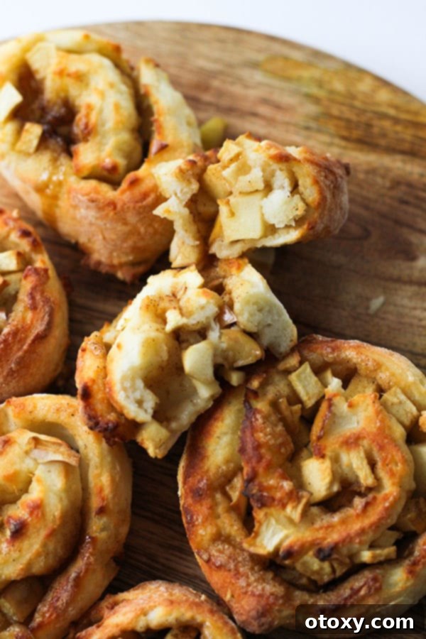 Air Fryer No Rise Apple Cinnamon Rolls 11 A close-up of a perfectly cooked Air Fryer Apple Cinnamon Roll, showcasing its golden spirals and rich filling, on a wooden surface.