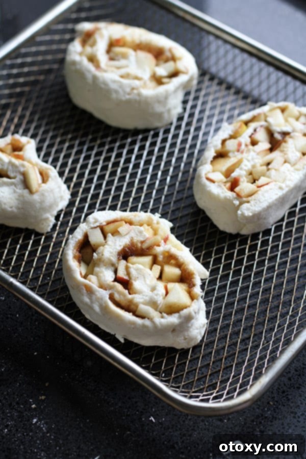 Air Fryer No Rise Apple Cinnamon Rolls 9 Unbaked apple cinnamon rolls neatly arranged in an air fryer basket, with space between each for optimal cooking.