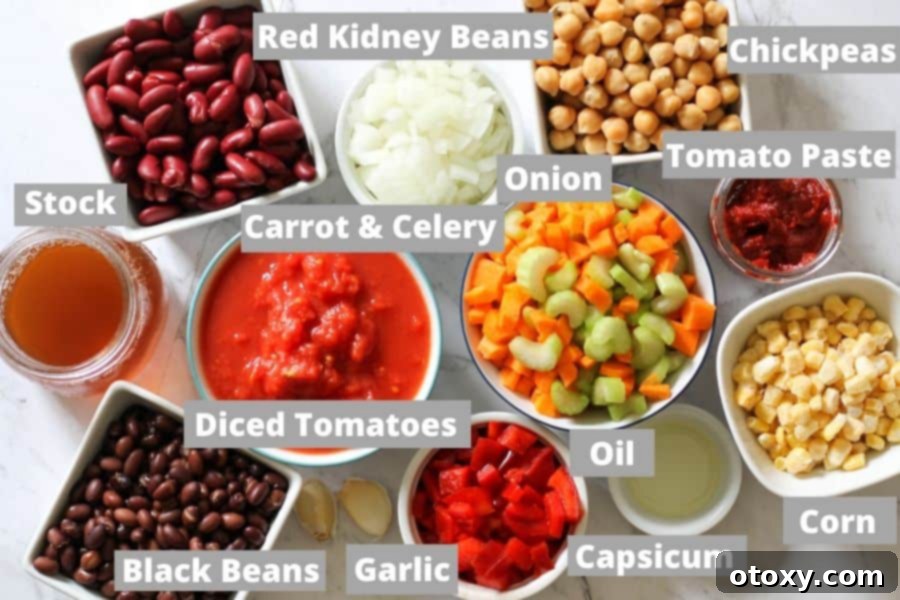 Triple Bean Vegetarian Chili 4 ingredients for vegetarian three bean chili on a white background.