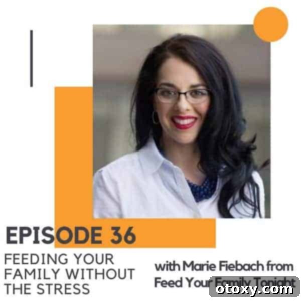 headshot of a brunette woman with text overlay "feeding your family without the stress".