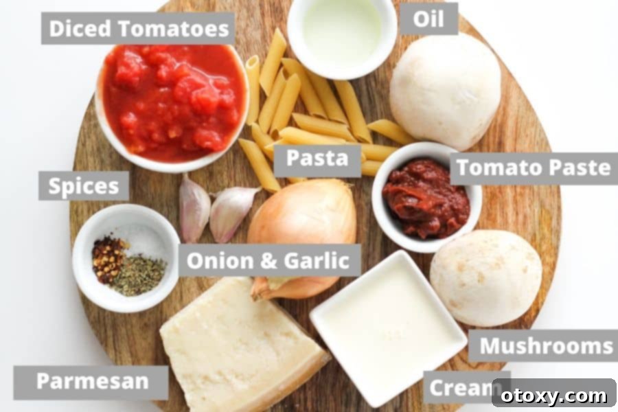 A selection of fresh ingredients including olive oil, onions, garlic, mushrooms, tomato paste, canned diced tomatoes, Italian herbs, and red chili flakes, neatly arranged on a wooden board, ready for cooking.