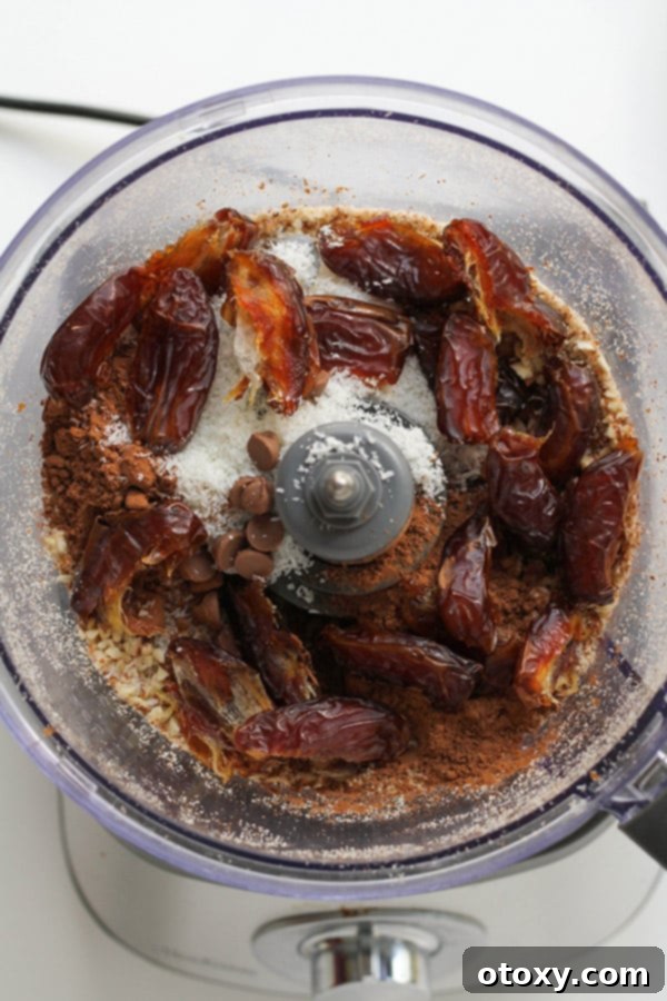 all chocolate coconut energy ball ingredients loaded into a food processor.